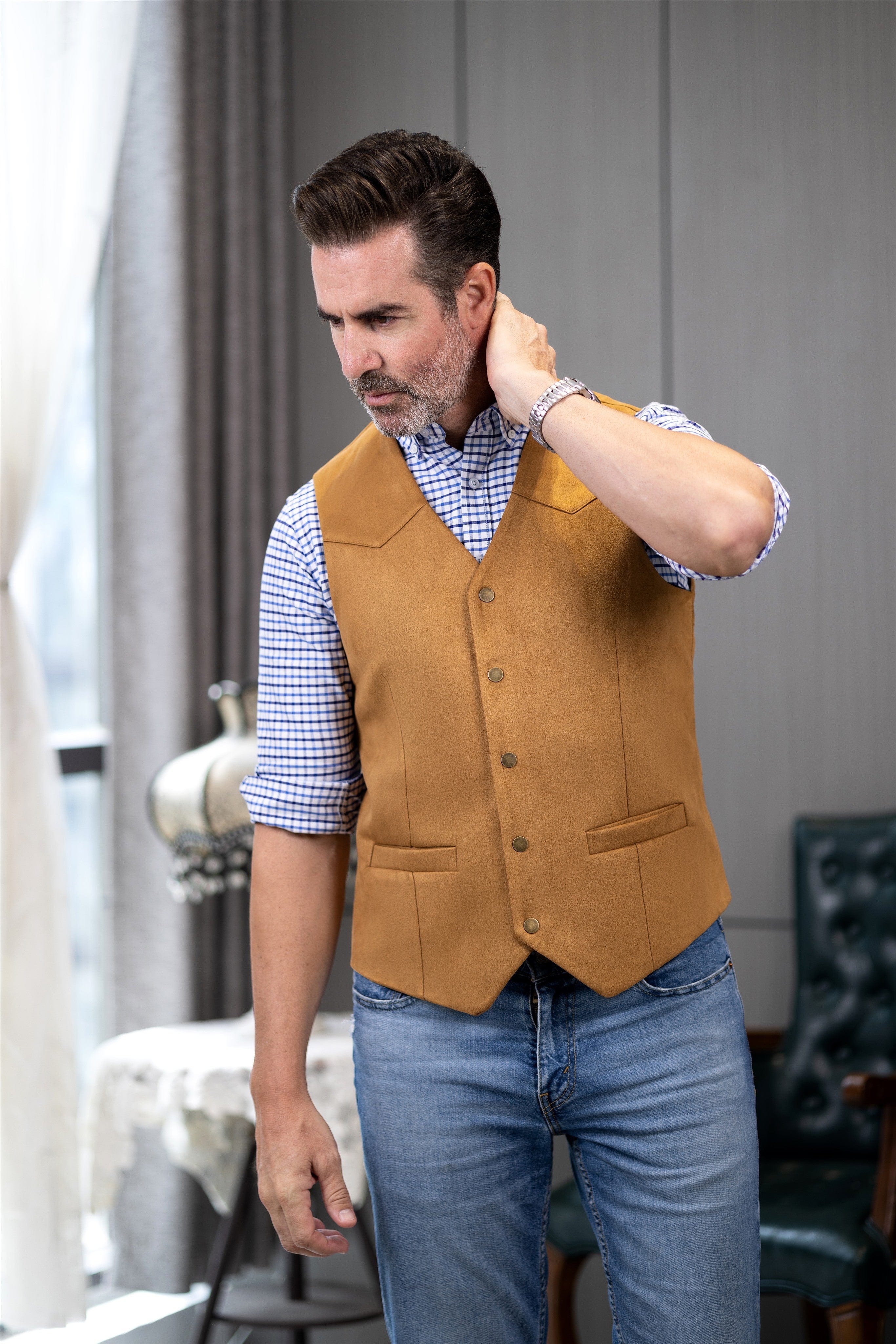 aesido Casual Men's Suede V Lapel Vest