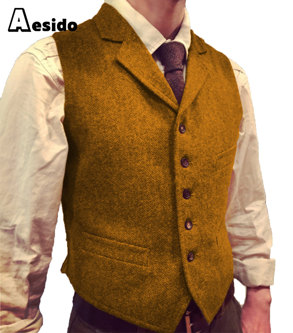 aesido Casual Men's Suit Vest Herringbone Notch Lapel Waistcoat