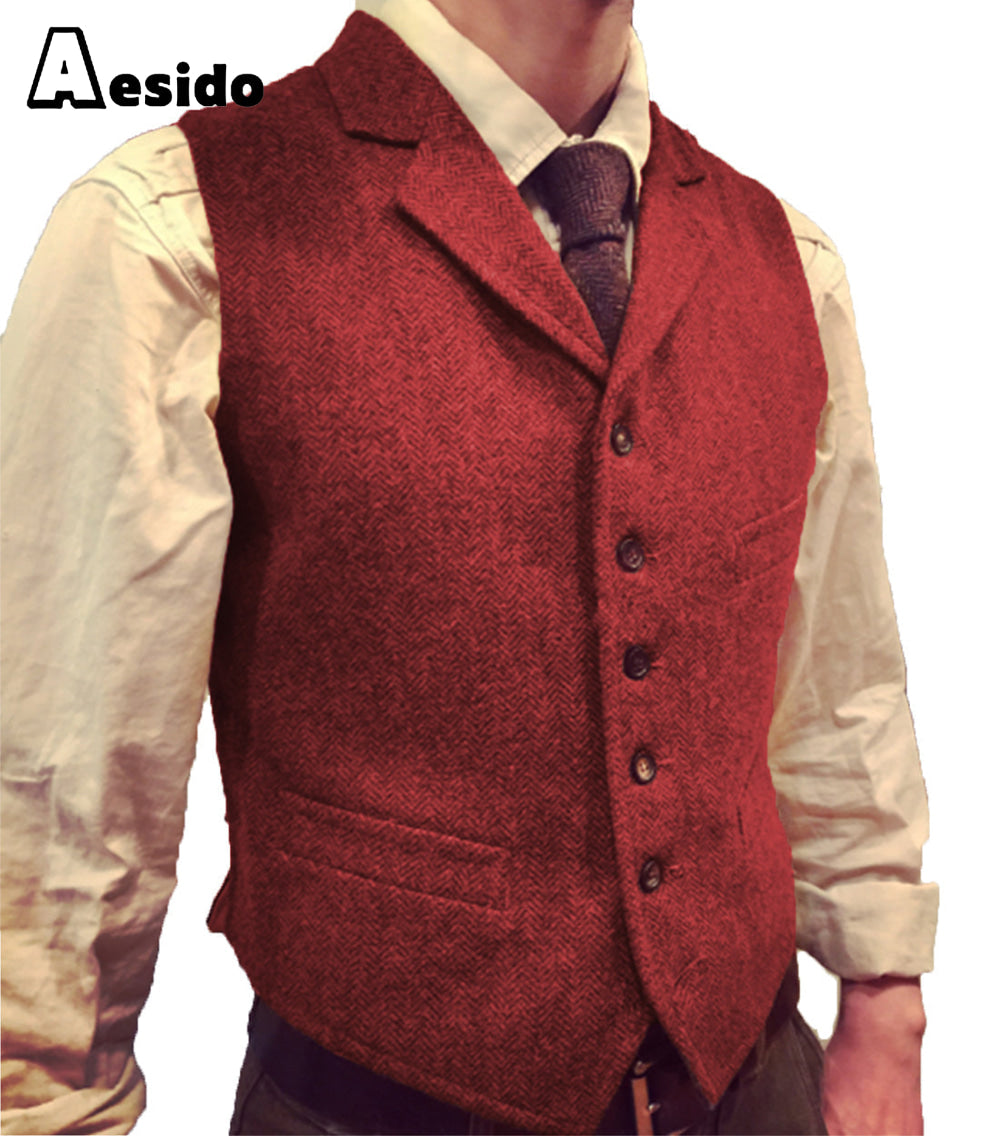 aesido Casual Men's Suit Vest Herringbone Notch Lapel Waistcoat