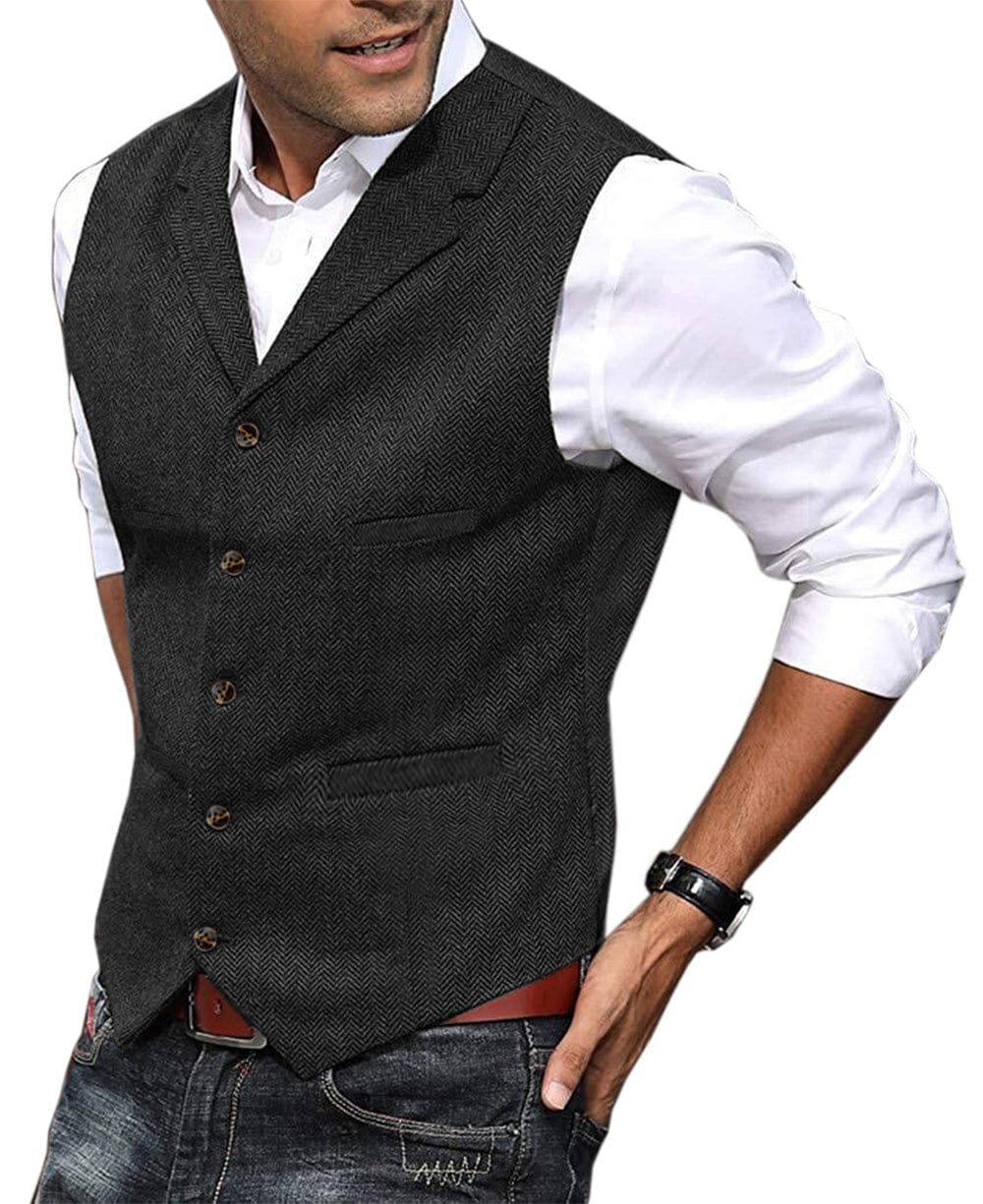 aesido Casual Men's Suit Vest Herringbone Notch Lapel Waistcoat