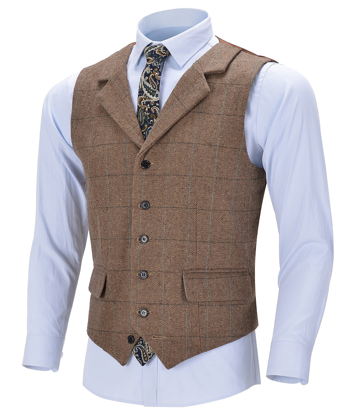 aesido Casual Men's Suit Vest Plaid Notch Lapel Waistcoat