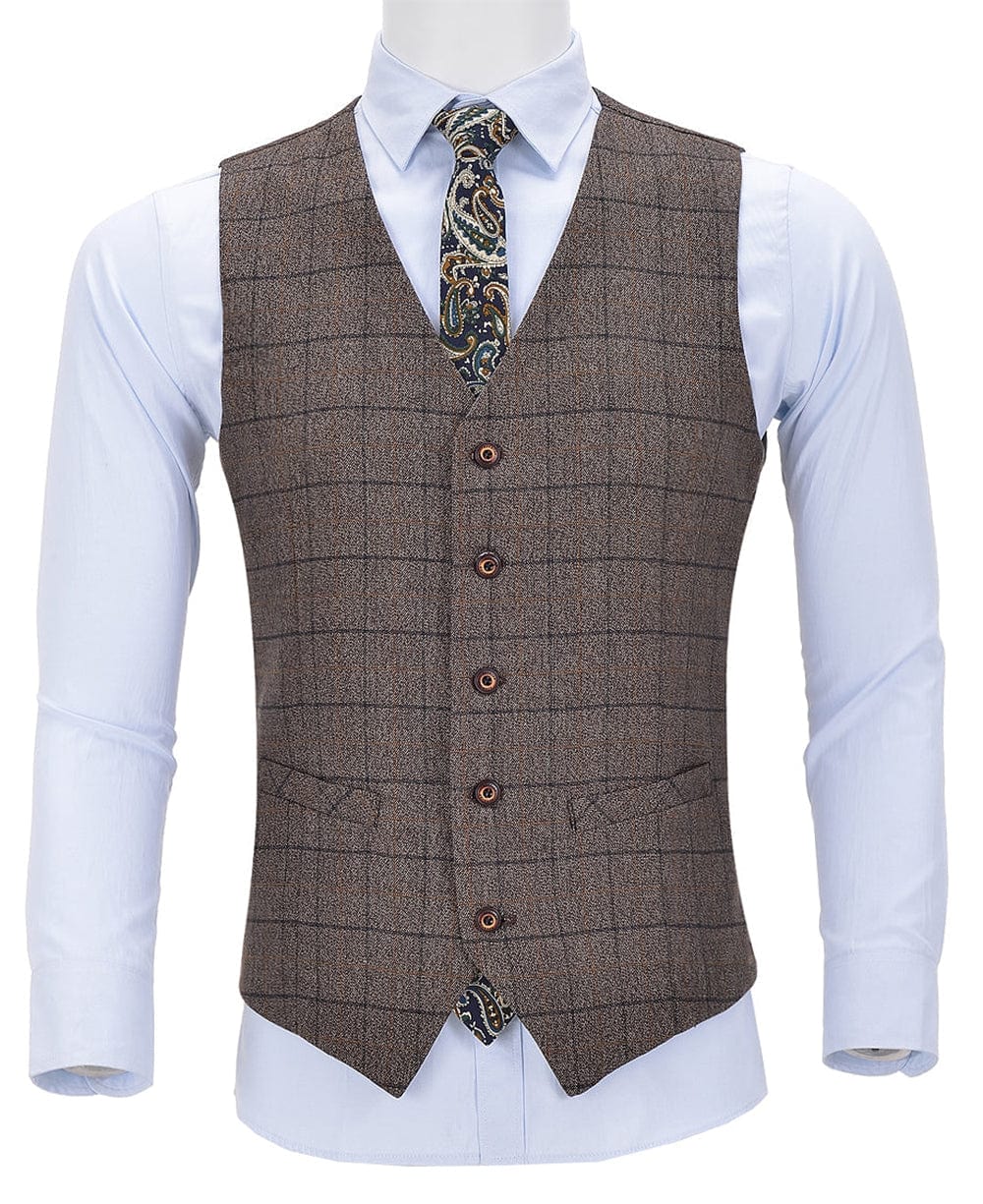 aesido Coffee Formal Suit Vest Plaid V Neck Waistcoat