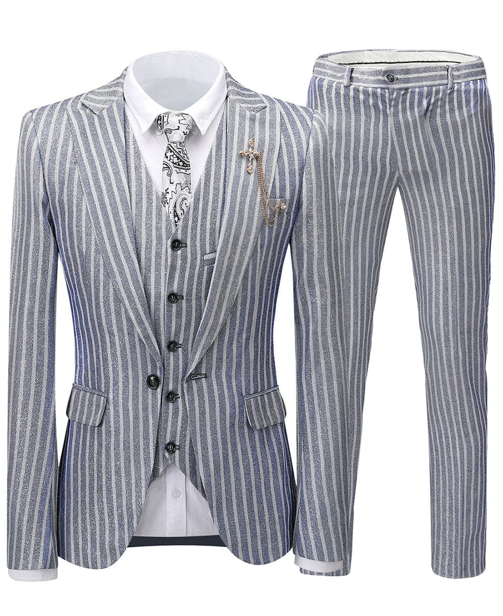 aesido Formal Grey Striped 3 Pieces Mens Suit Tuxedos (Blazer+vest+Pants)