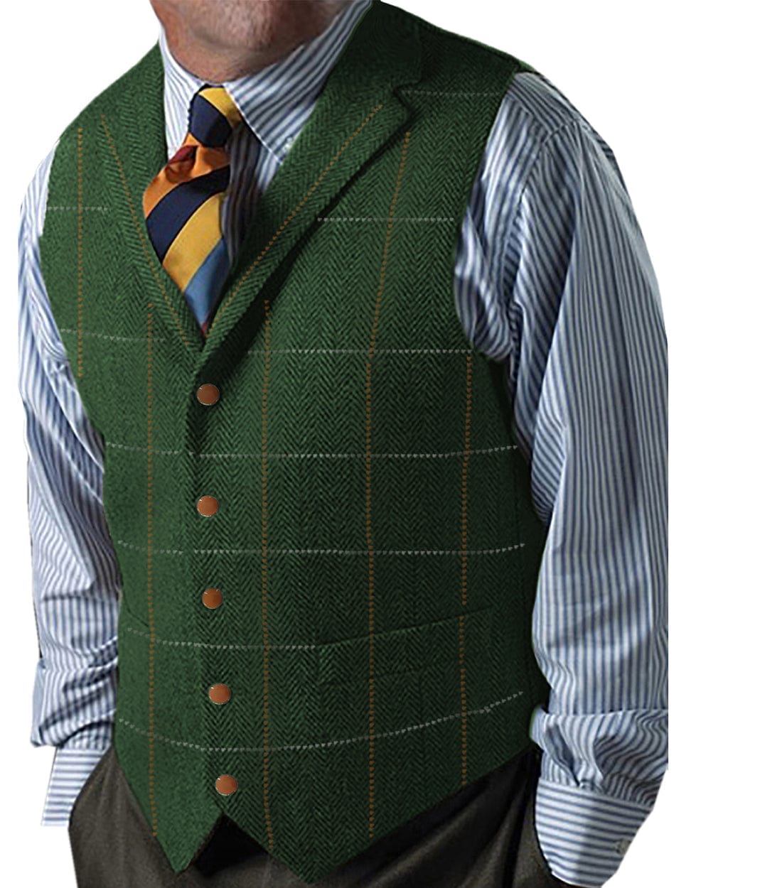 aesido Formal Men's Suit Vest Herringbone Plaid Notch Lapel Waistcoat for Wedding