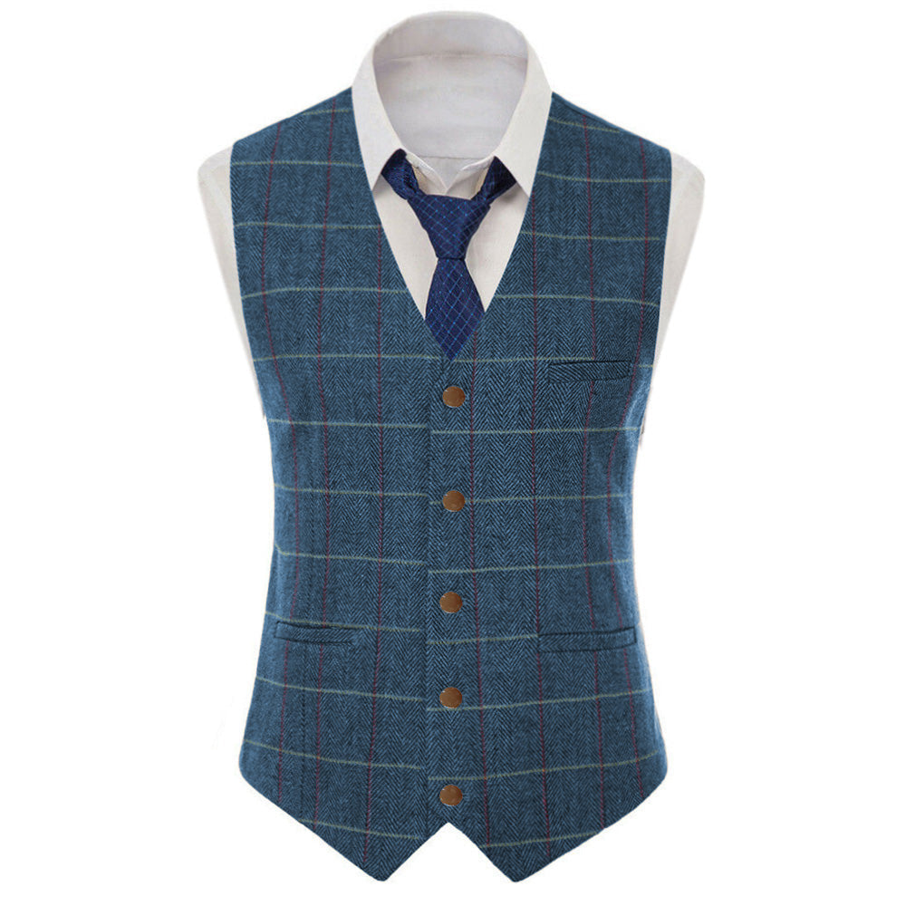 aesido Formal Men's Suit Vest Herringbone Plaid V Neck Waistcoat for Wedding