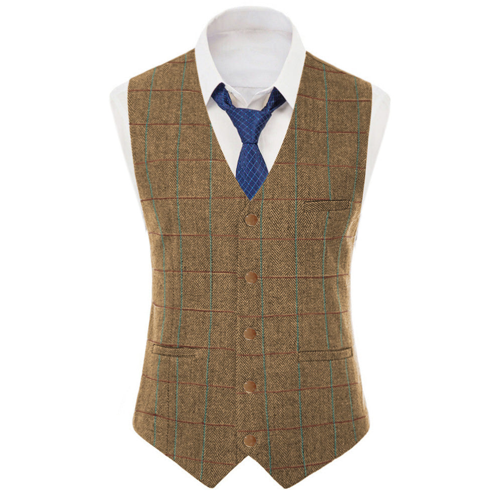 aesido Formal Men's Suit Vest Herringbone Plaid V Neck Waistcoat for Wedding