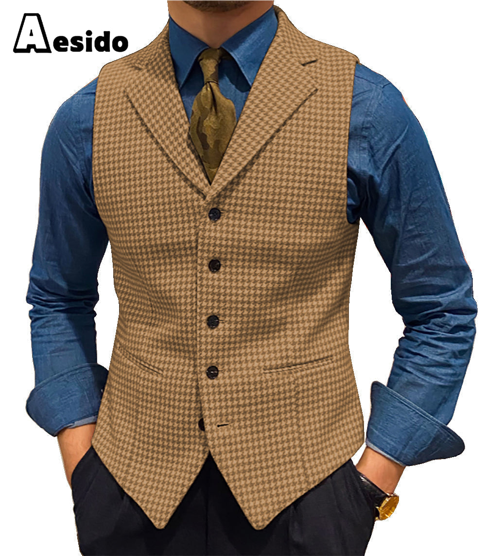 aesido Formal Men's Suit Vest Houndstooth Lapel Waistcoat