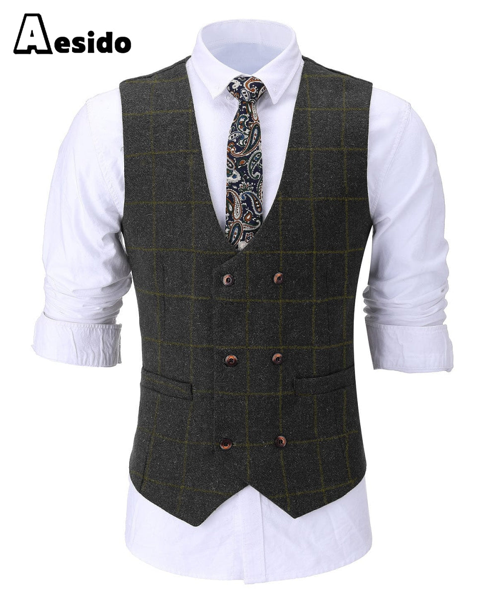 aesido Formal Men's Suit Vest Plaid Tweed U Neck Waistcoat