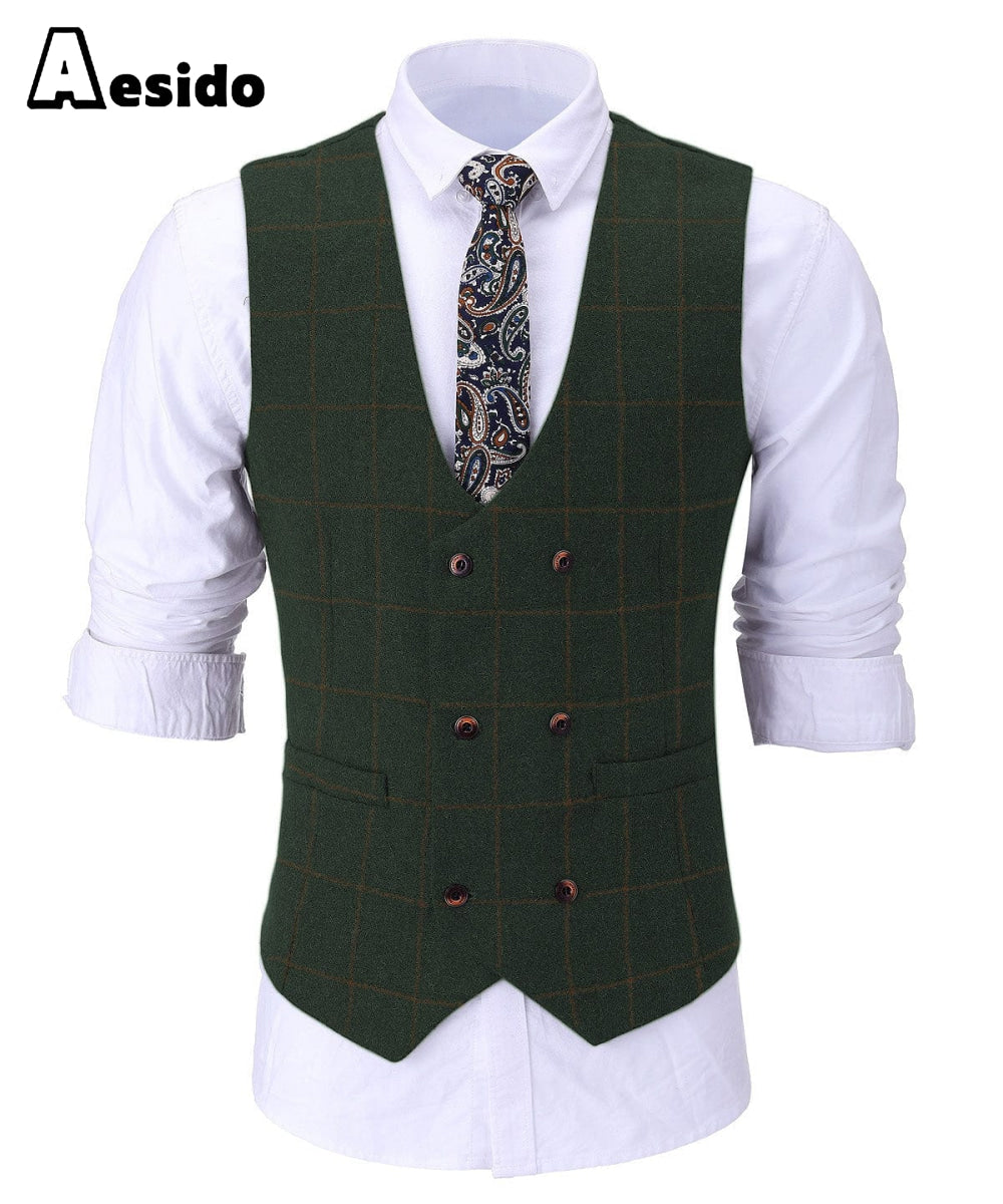 aesido Formal Men's Suit Vest Plaid Tweed U Neck Waistcoat