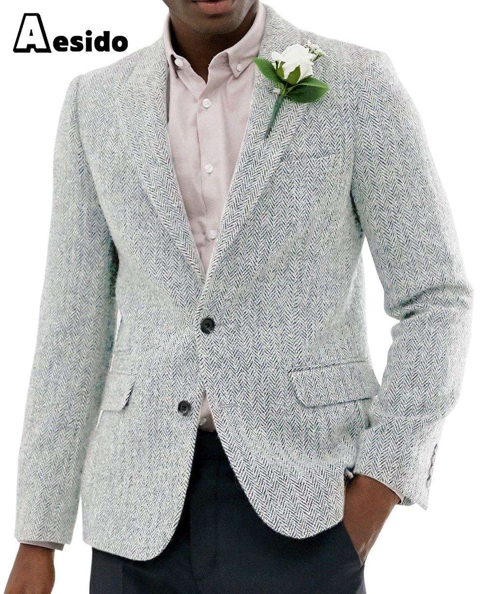 aesido Formal Men's Wool Herringbone Notch Lapel Blazer