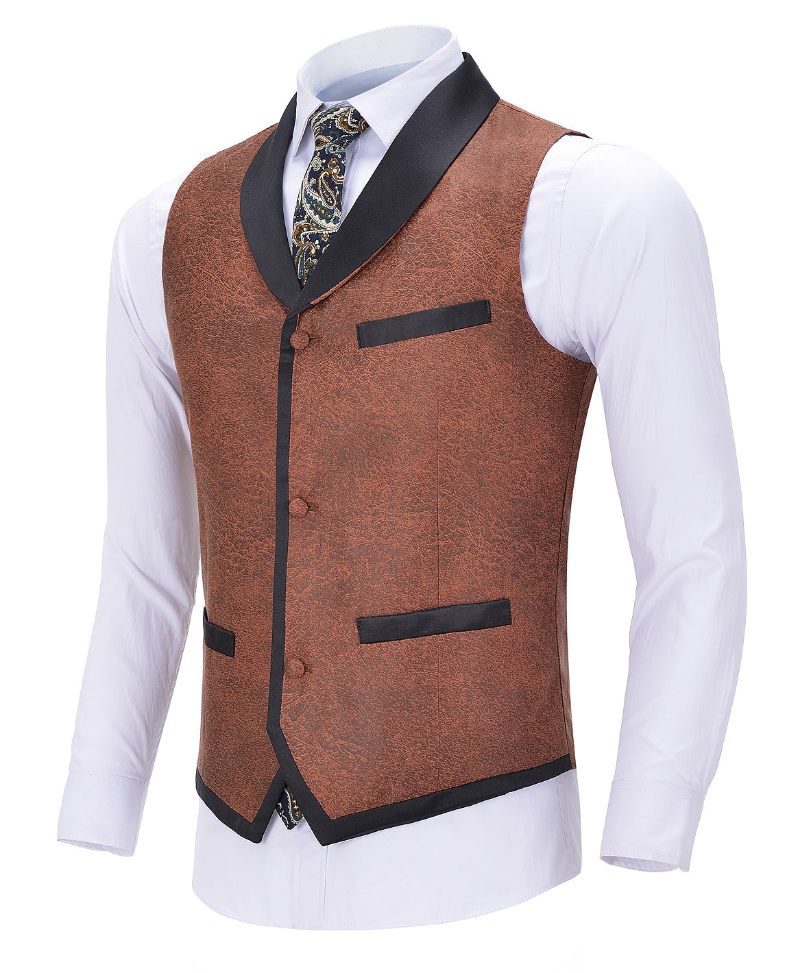 aesido Formal Orange Suit Vest Slim Fit Patterned Shawl Lapel Waistcoat