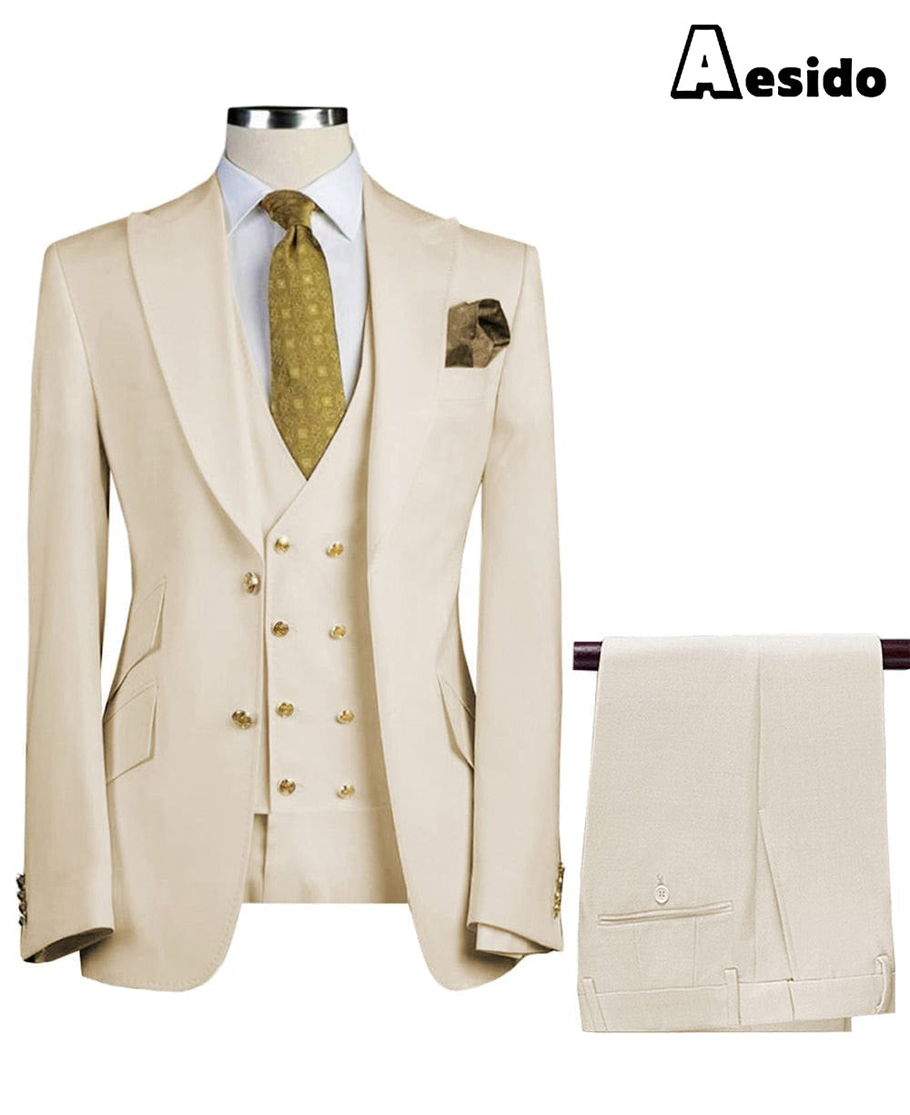 aesido Formal Peak Lapel 3 Pieces Mens Suit For Wedding Tuxedos (Blazer+vest+Pants)