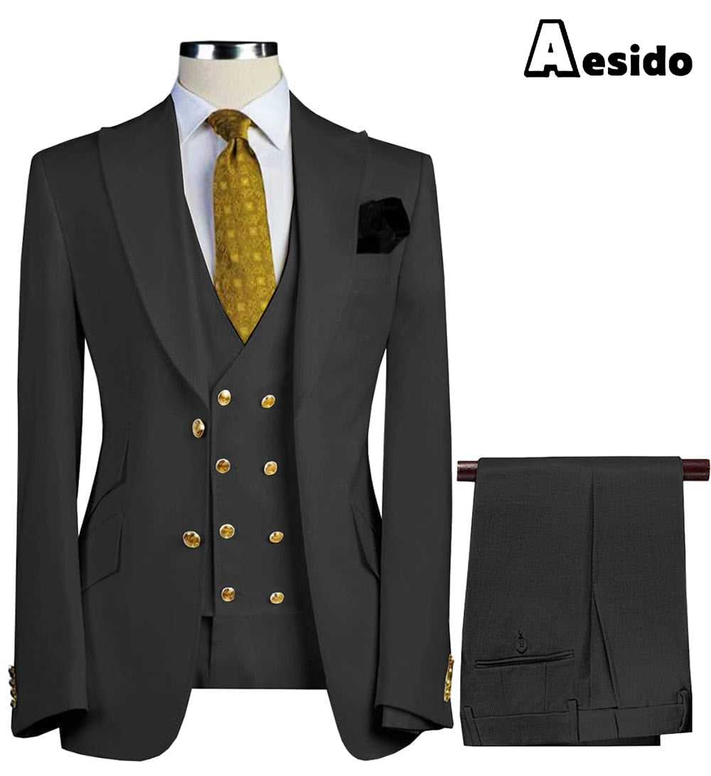 aesido Formal Peak Lapel 3 Pieces Mens Suit For Wedding Tuxedos (Blazer+vest+Pants)