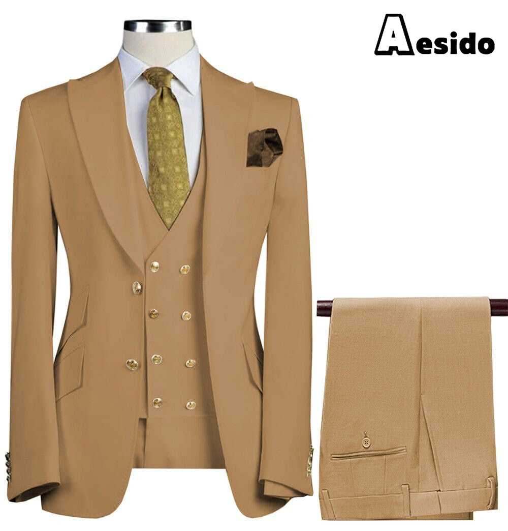 aesido Formal Peak Lapel 3 Pieces Mens Suit For Wedding Tuxedos (Blazer+vest+Pants)