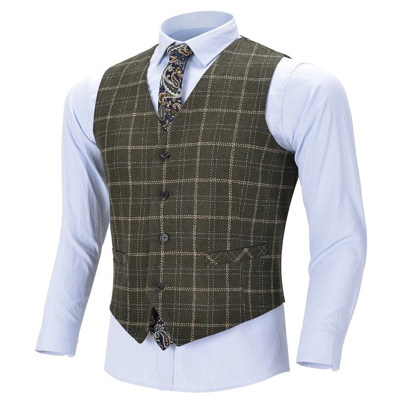 aesido Formal Slim Fit Suit Vest Army Green Plaid V Neck Waistcoat