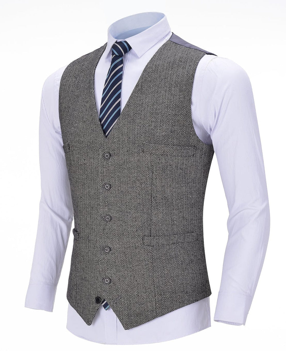 aesido Grey Herringbone V Neck Waistcoat