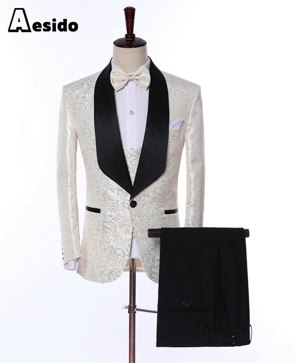 aesido Ivory Patterned 2 Pieces Mens Suit Formal Shawl Lapel Tuxedos (Blazer+Vest+Pants)