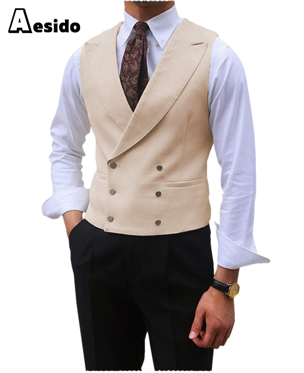 aesido Leisure Double Breasted Peak Lapel Men Waistcoat