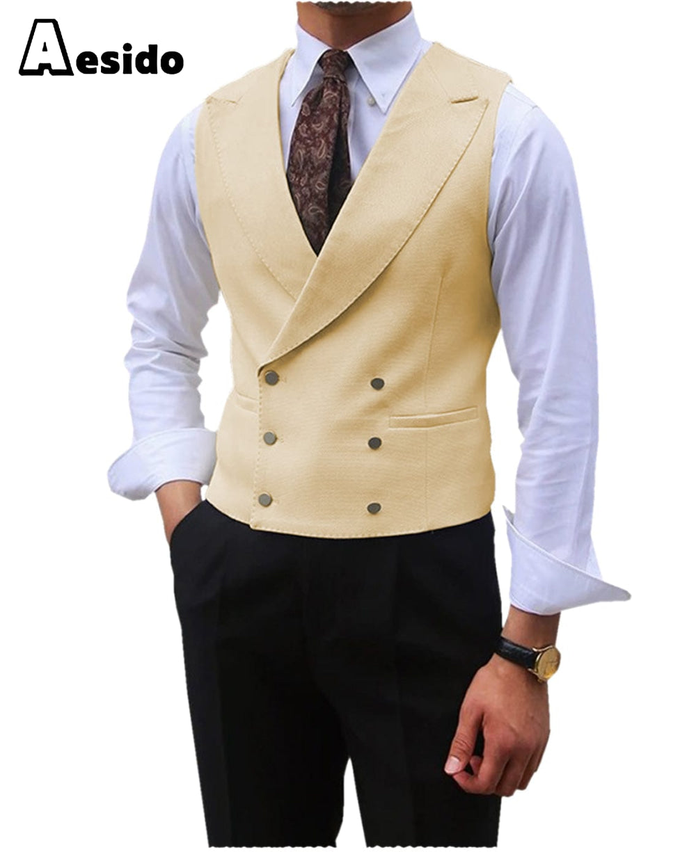 aesido Leisure Double Breasted Peak Lapel Men Waistcoat