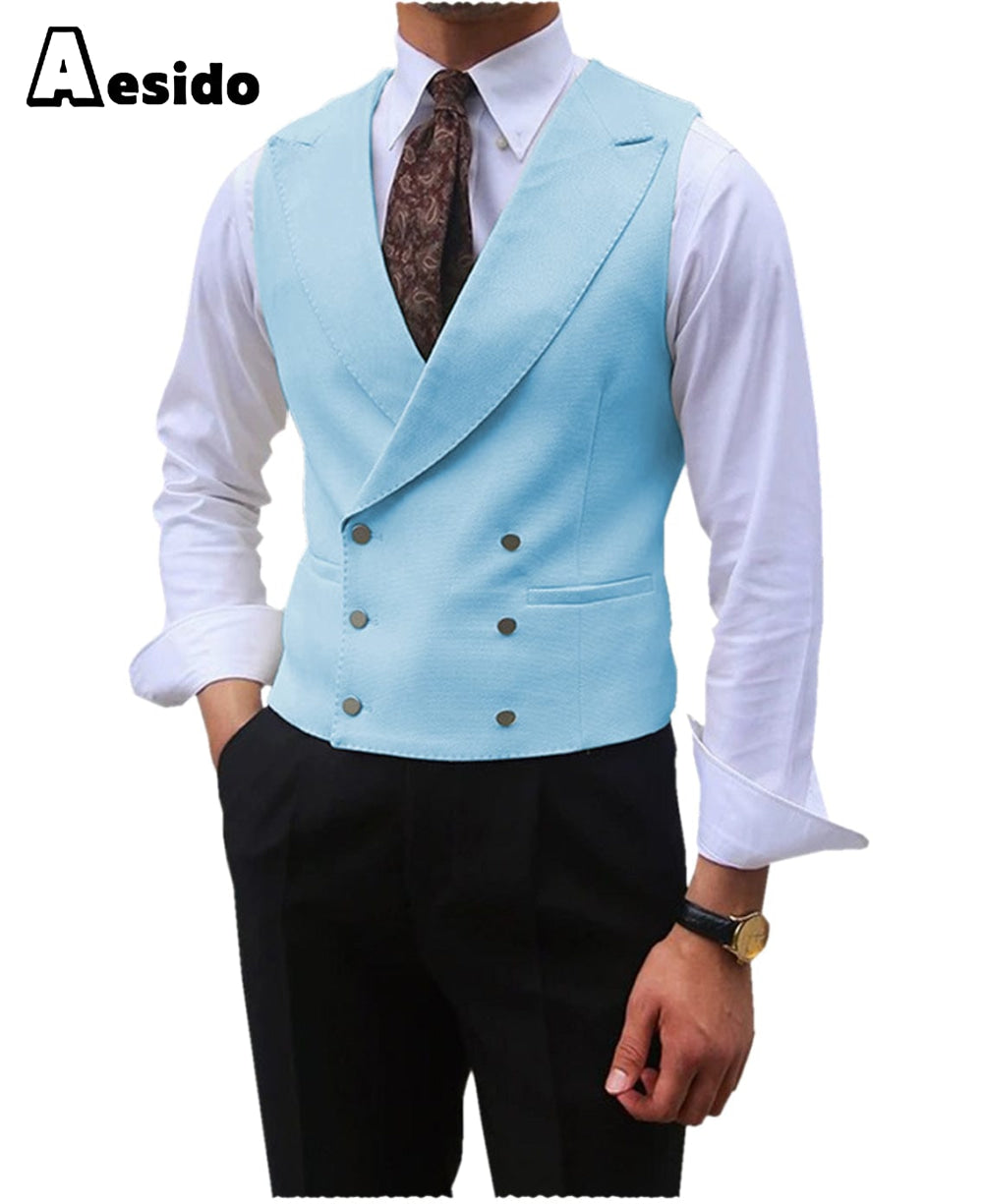 aesido Leisure Double Breasted Peak Lapel Men Waistcoat