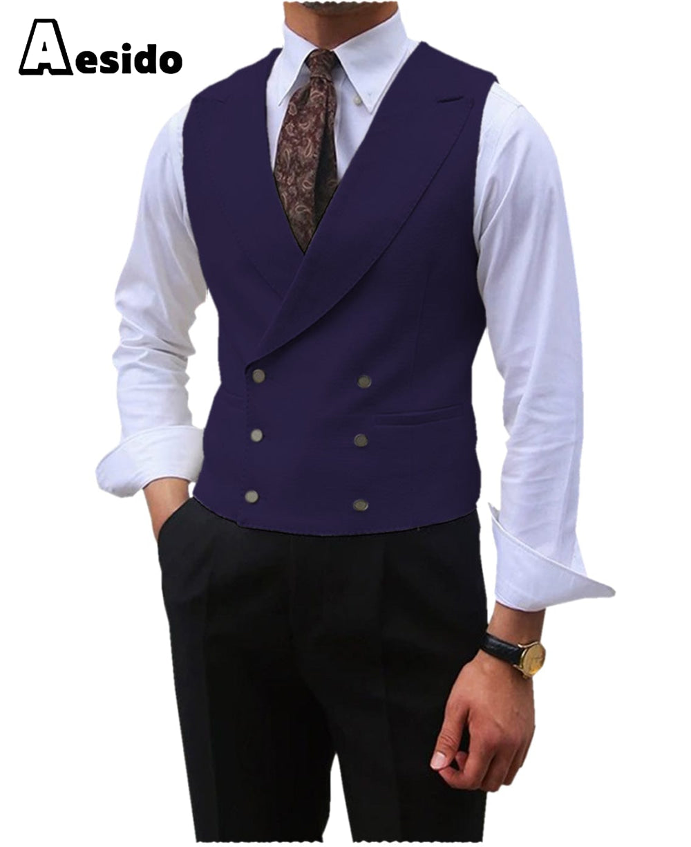 aesido Leisure Double Breasted Peak Lapel Men Waistcoat