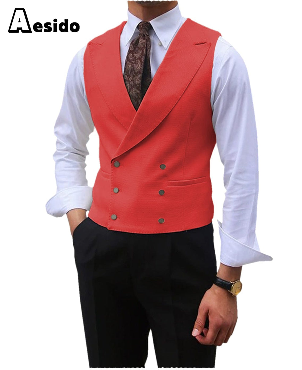 aesido Leisure Double Breasted Peak Lapel Men Waistcoat