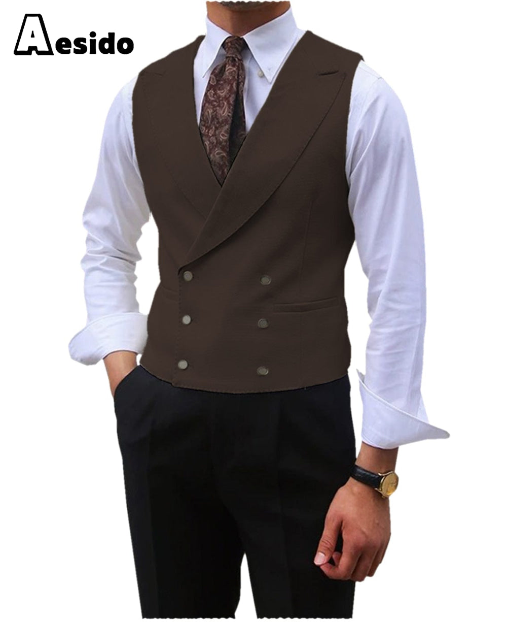 aesido Leisure Double Breasted Peak Lapel Men Waistcoat