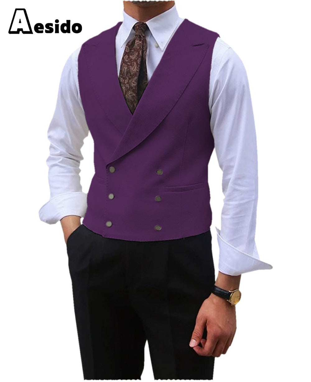 aesido Leisure Double Breasted Peak Lapel Men Waistcoat