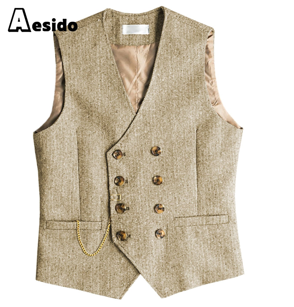 aesido Men Double Breasted V Neck Waistcoat