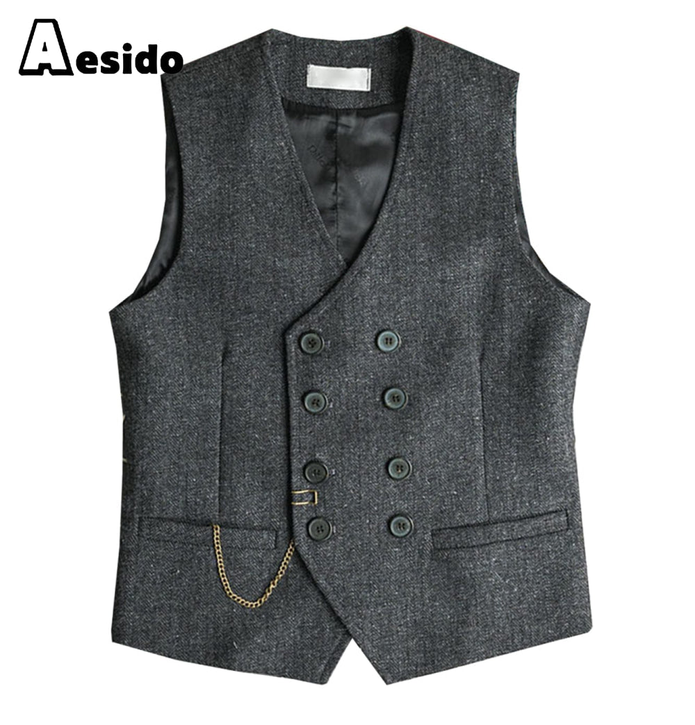 aesido Men Double Breasted V Neck Waistcoat