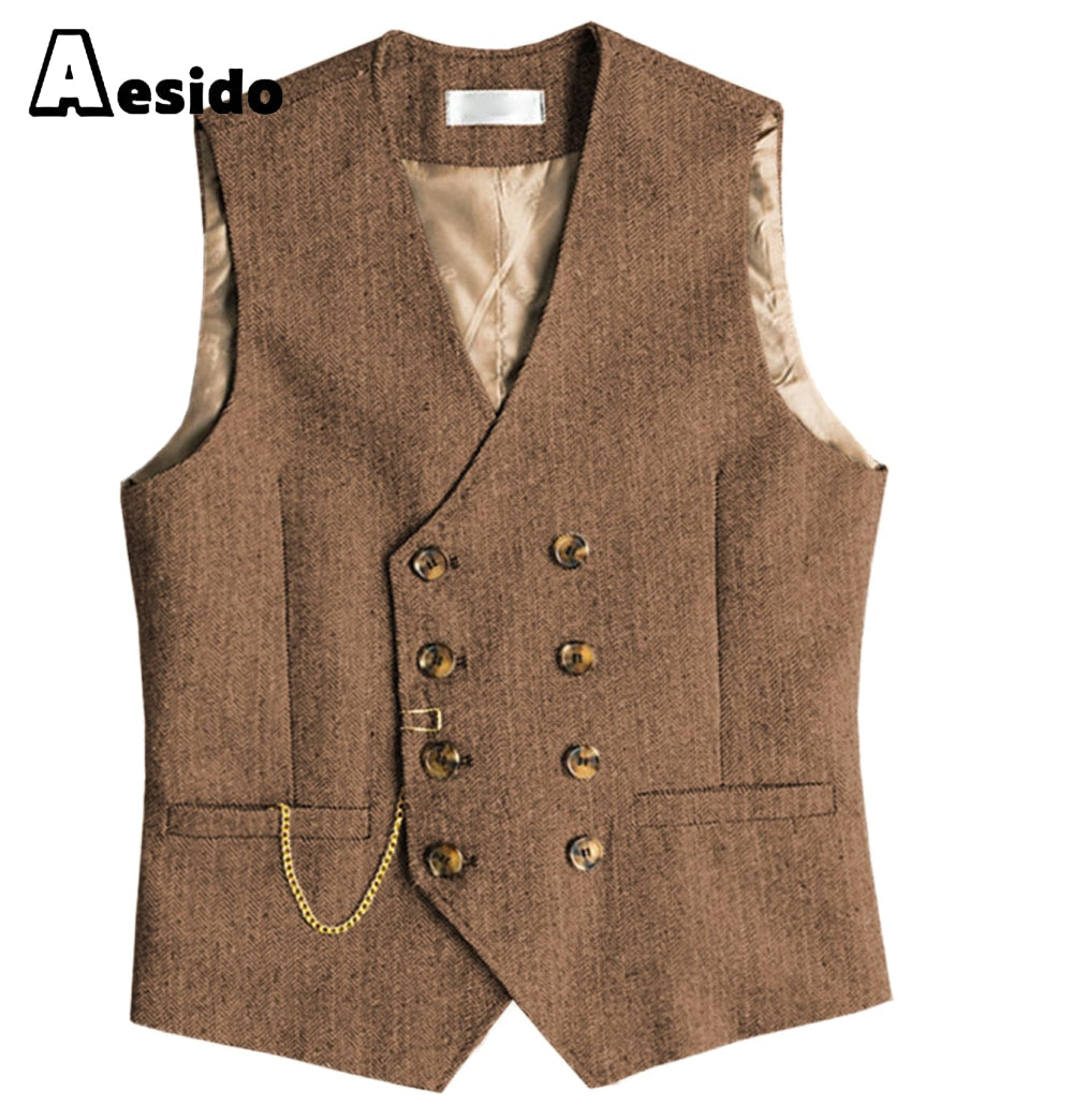 aesido Men Double Breasted V Neck Waistcoat