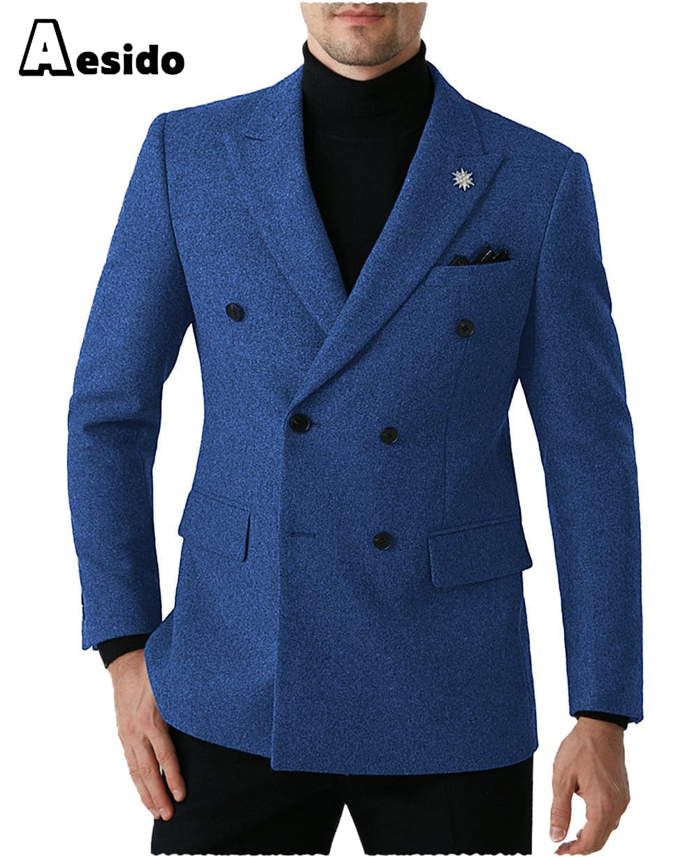 aesido Men Double Button Notch Lapel Tweed Blazer