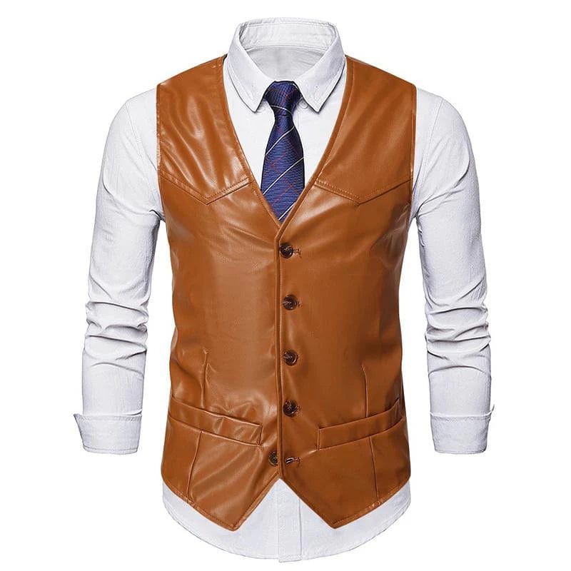 aesido Men's Business Casual Single Breasted V Neck Leather Vest