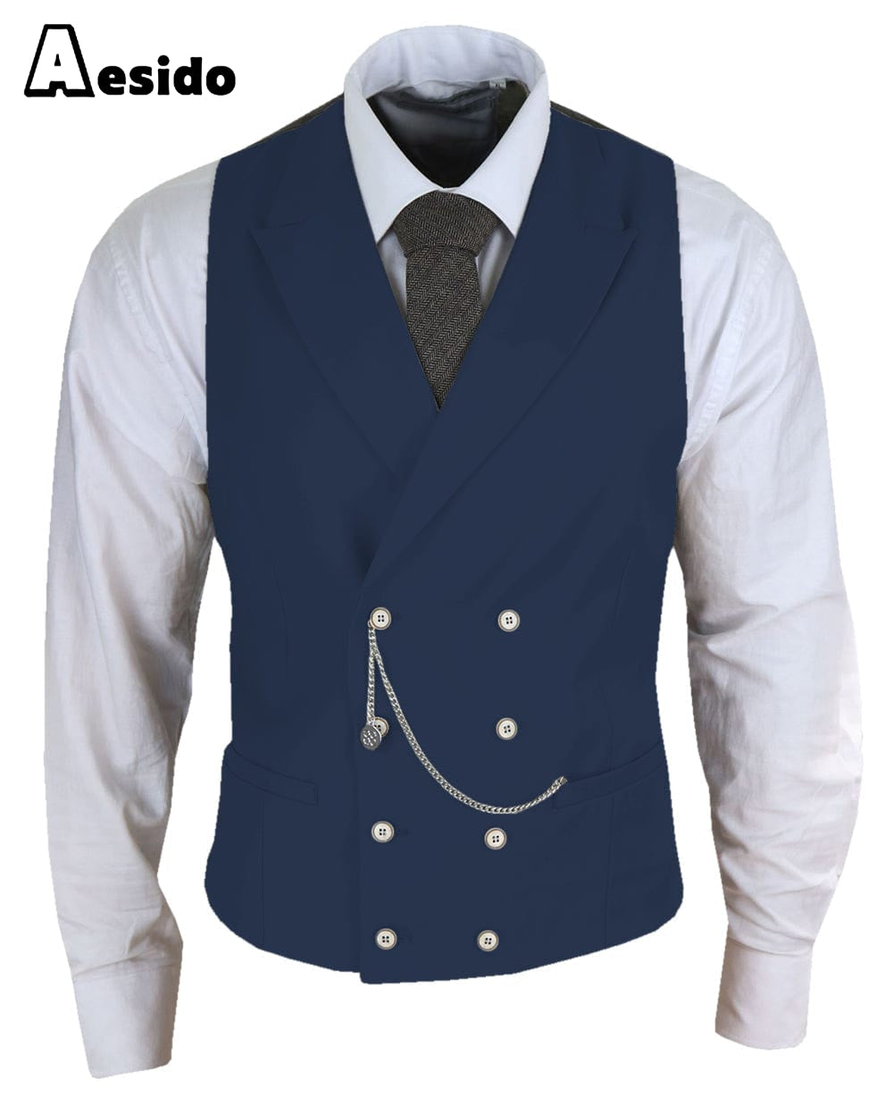 aesido Men's Double Breasted Peak Lapel Waistcoat