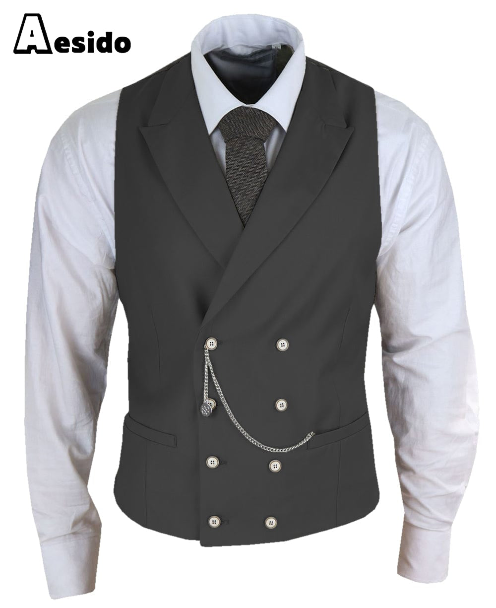 aesido Men's Double Breasted Peak Lapel Waistcoat