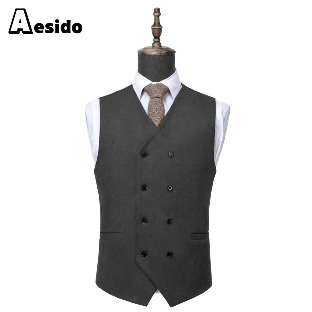 aesido Men's Double Breasted V Neck Suede Vest