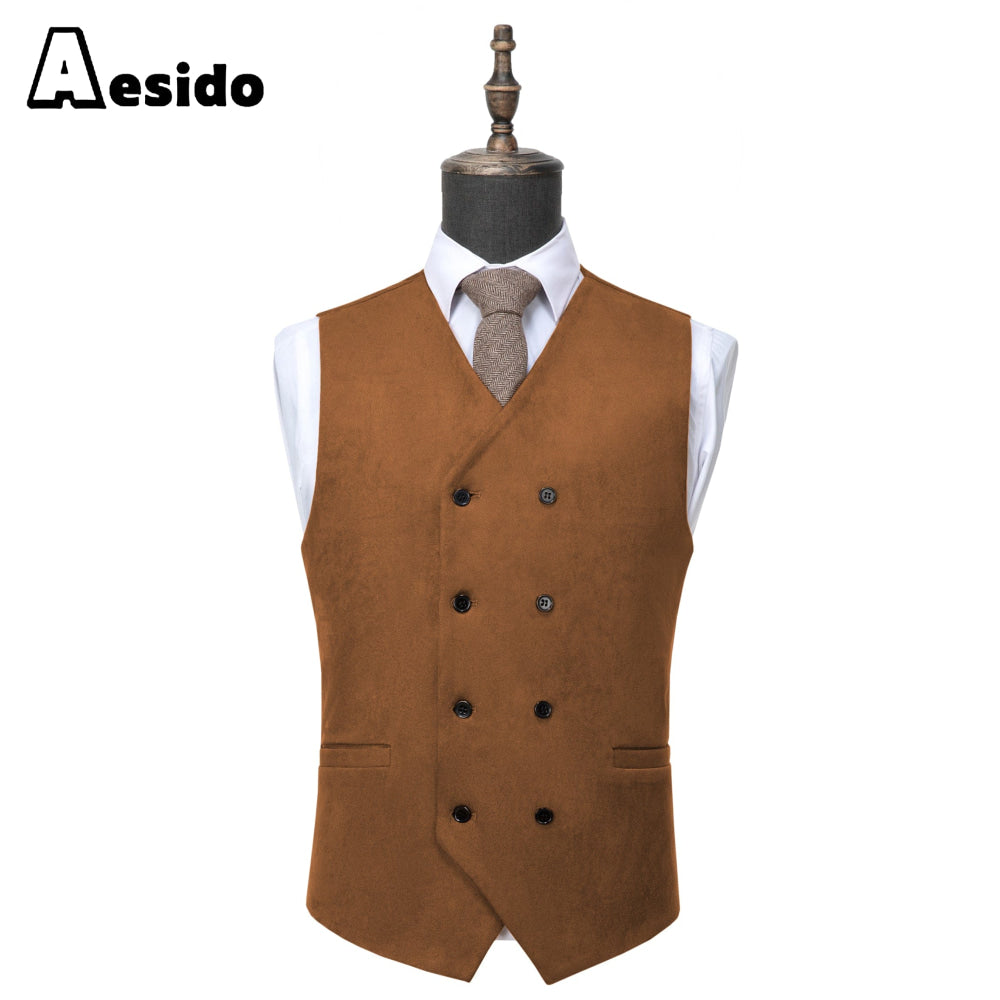 aesido Men's Double Breasted V Neck Suede Vest