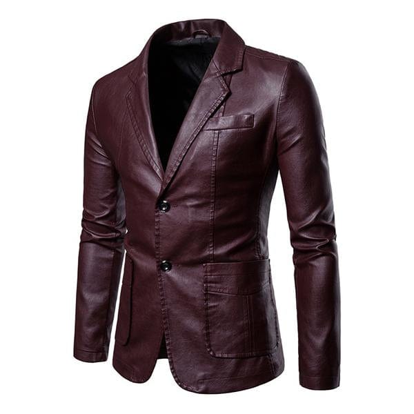 aesido Men's Notch Lapel Double Button Leather Blazer