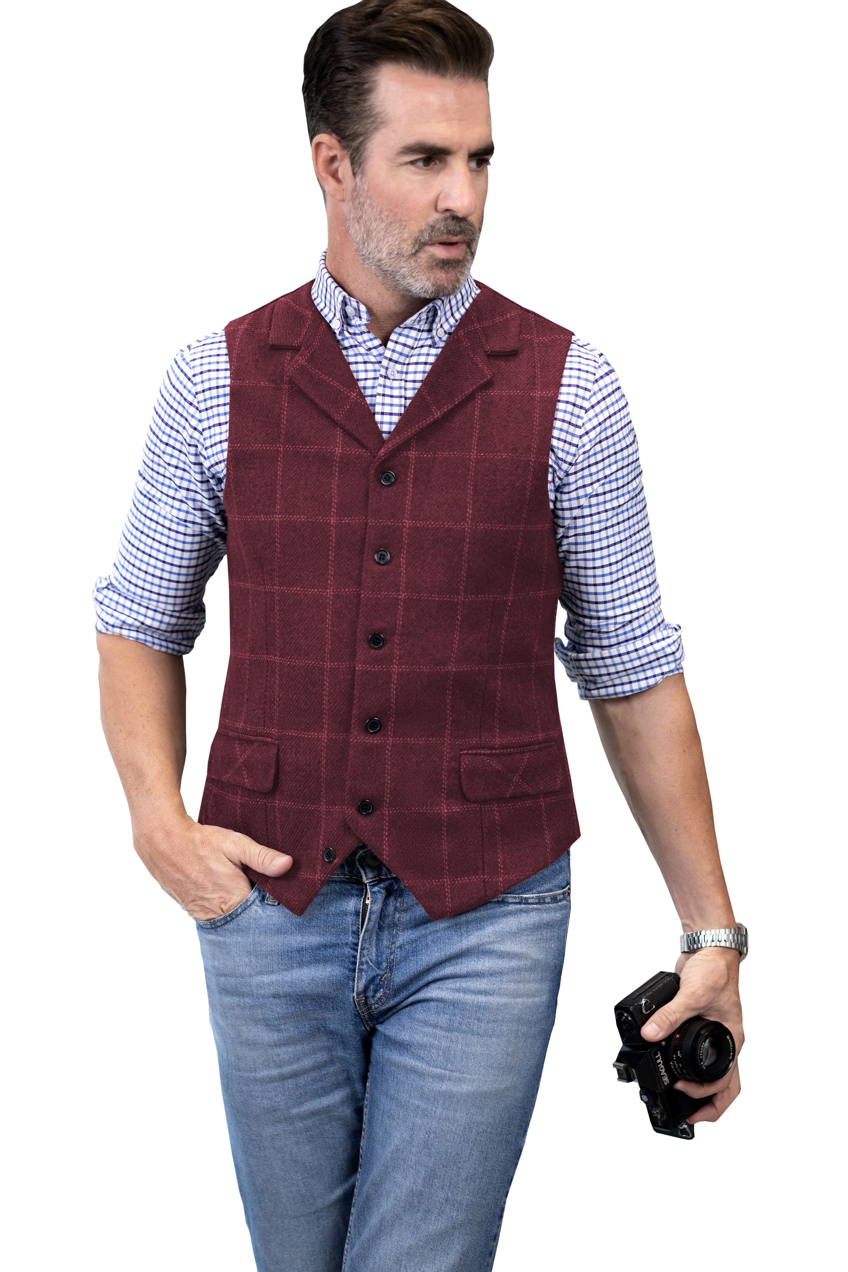 aesido Men's Plaid Single Breasted  Notch Lapel Casual Vest