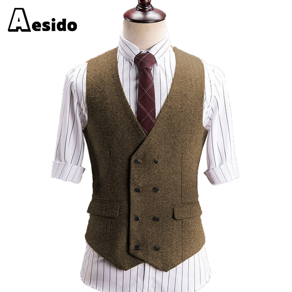 aesido Men's V Lapel Tweed Waistcoat Casual Slim Fit Suit Vest