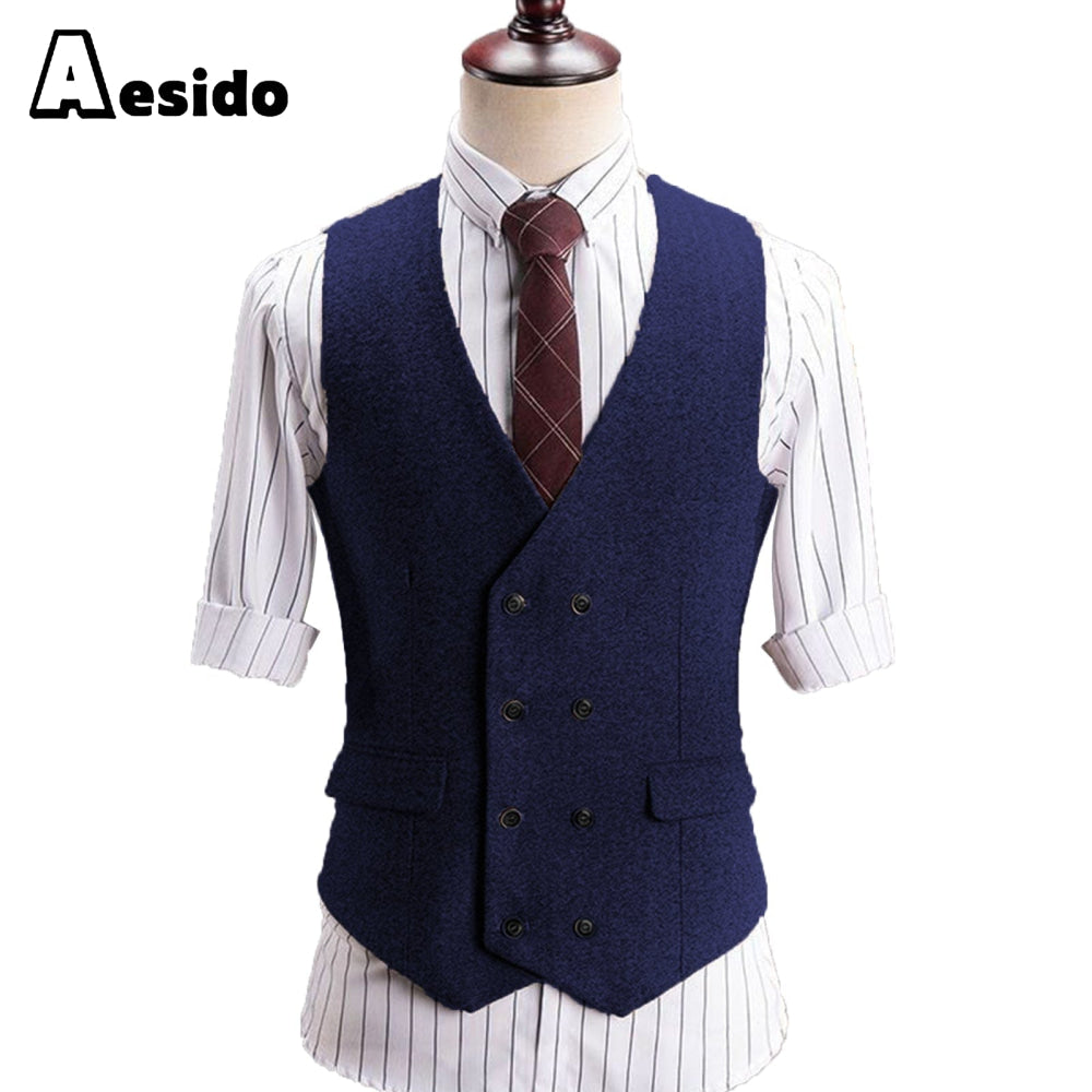 aesido Men's V Lapel Tweed Waistcoat Casual Slim Fit Suit Vest