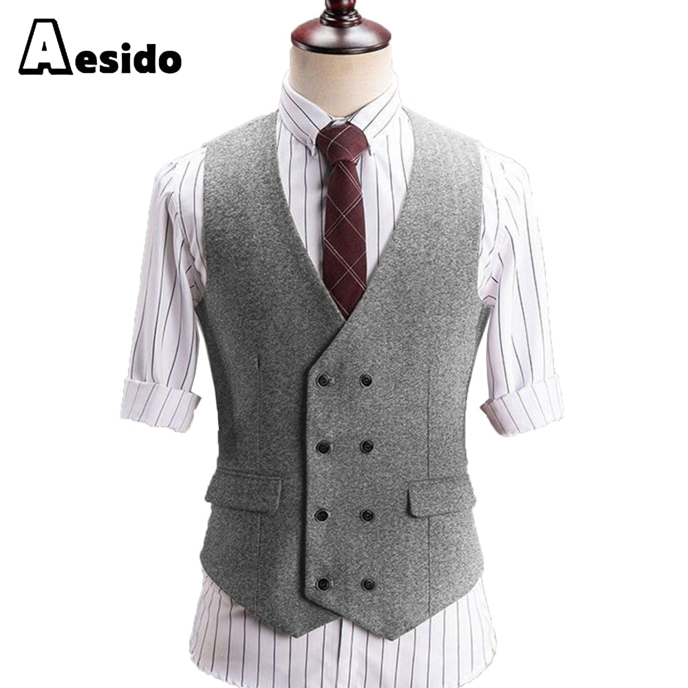 aesido Men's V Lapel Tweed Waistcoat Casual Slim Fit Suit Vest