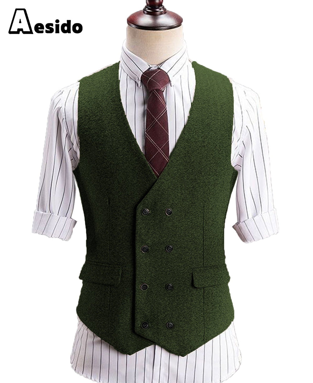 aesido Men's V Lapel Tweed Waistcoat Casual Slim Fit Suit Vest