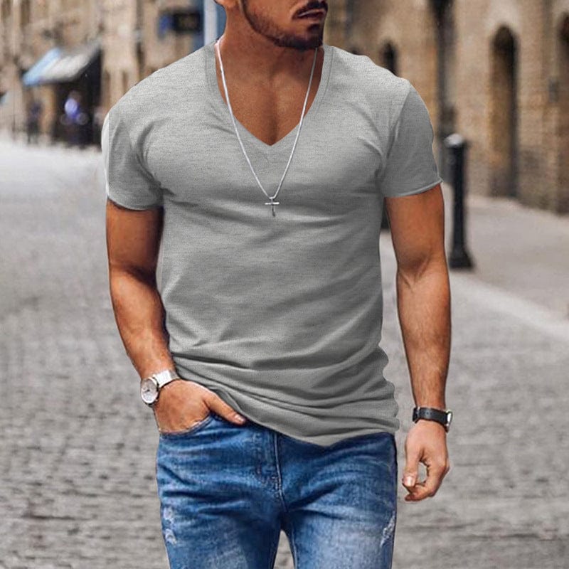 aesido Men's V Neck Solid Color Casual Short Sleeved T Shirt