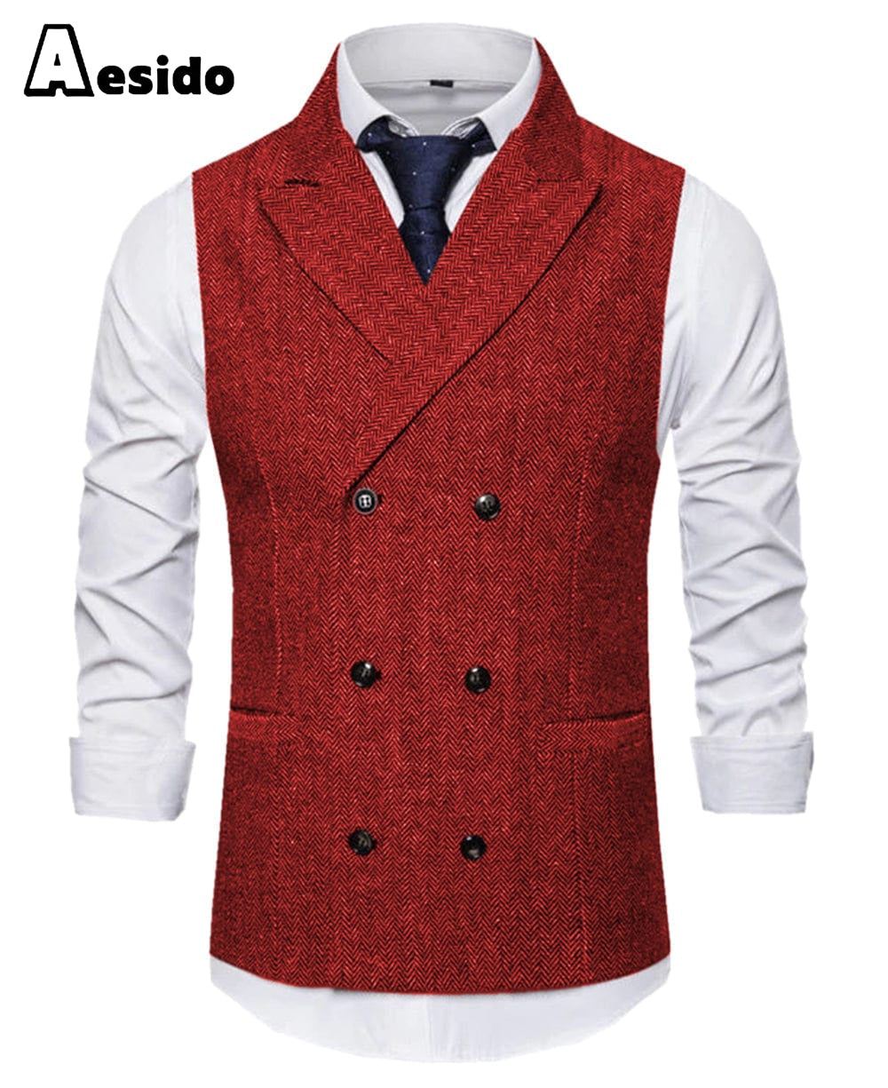 aesido Men's Vest Double Breasted Peak Lapel Waistcoat