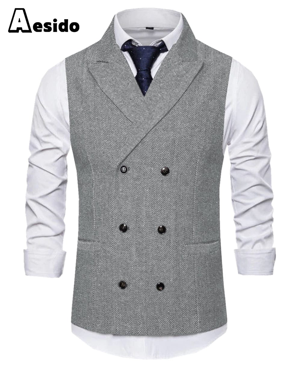 aesido Men's Vest Double Breasted Peak Lapel Waistcoat