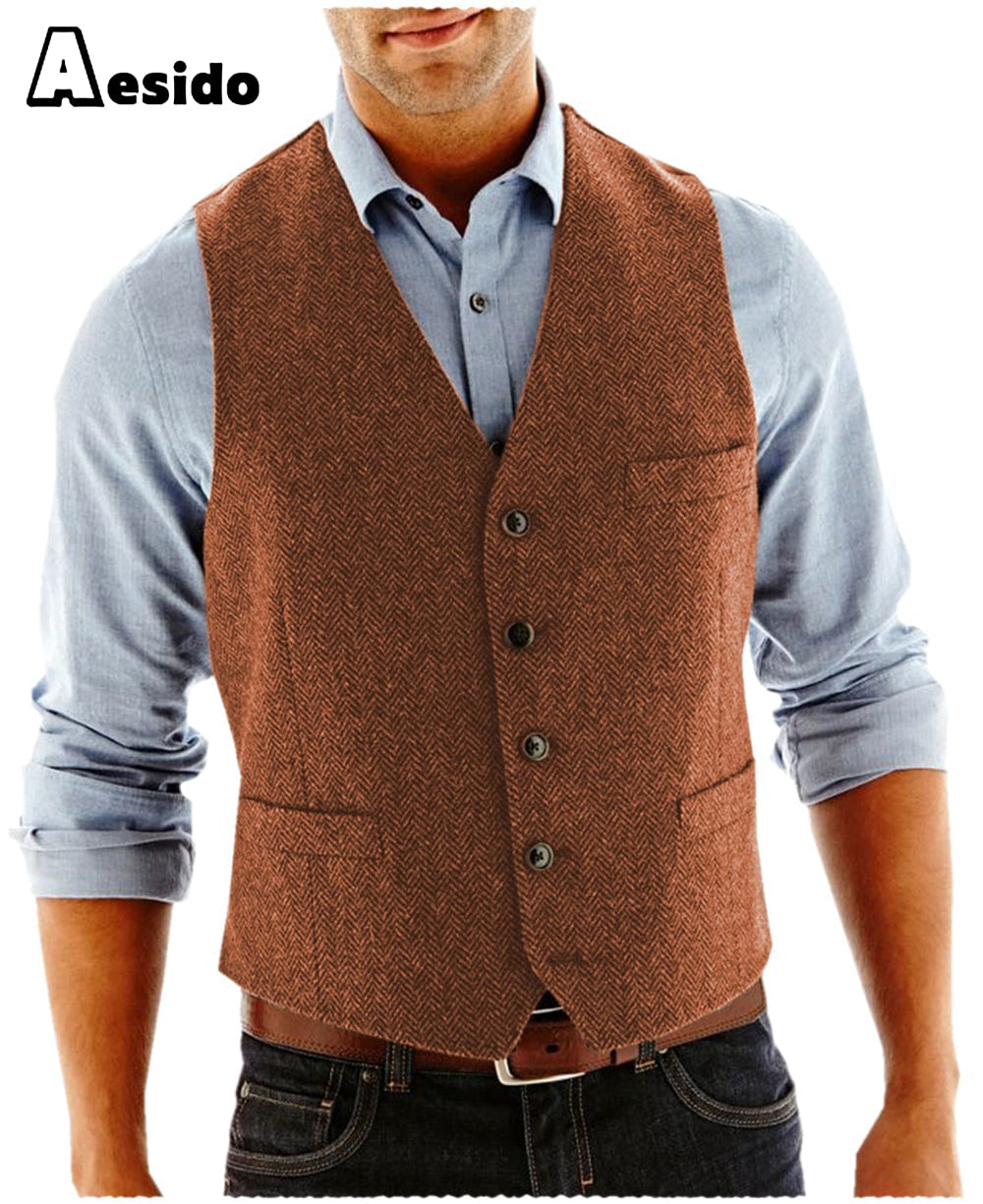 aesido Men's Vest Single Breasted V Neck Waistcoat