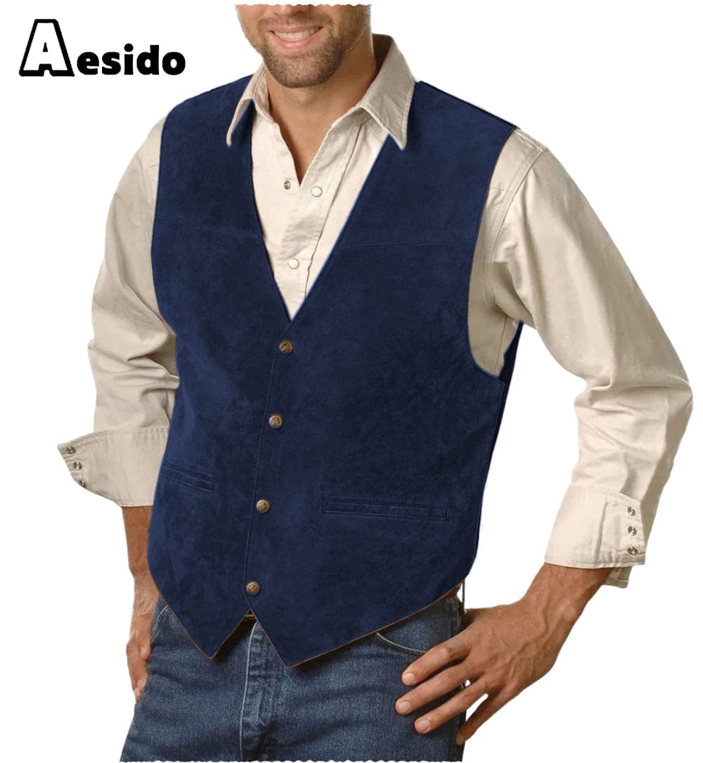 aesido Mens Single Breasted V Lapel Casual Suede Waistcoat