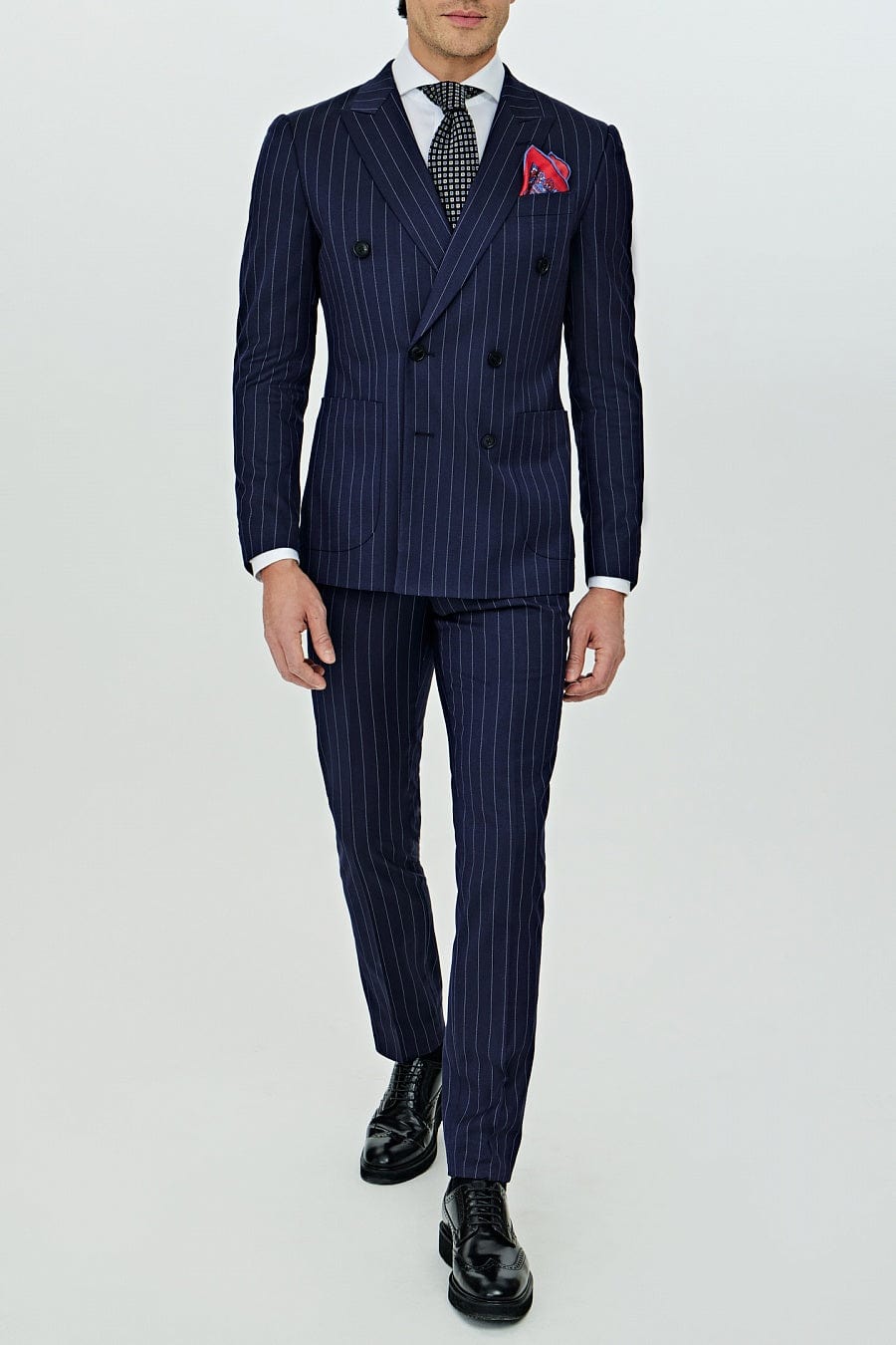 aesido Navy 2 Pece Business Double Breasted Notch Lapel Striped Men's Suit (Blazer+Pants)