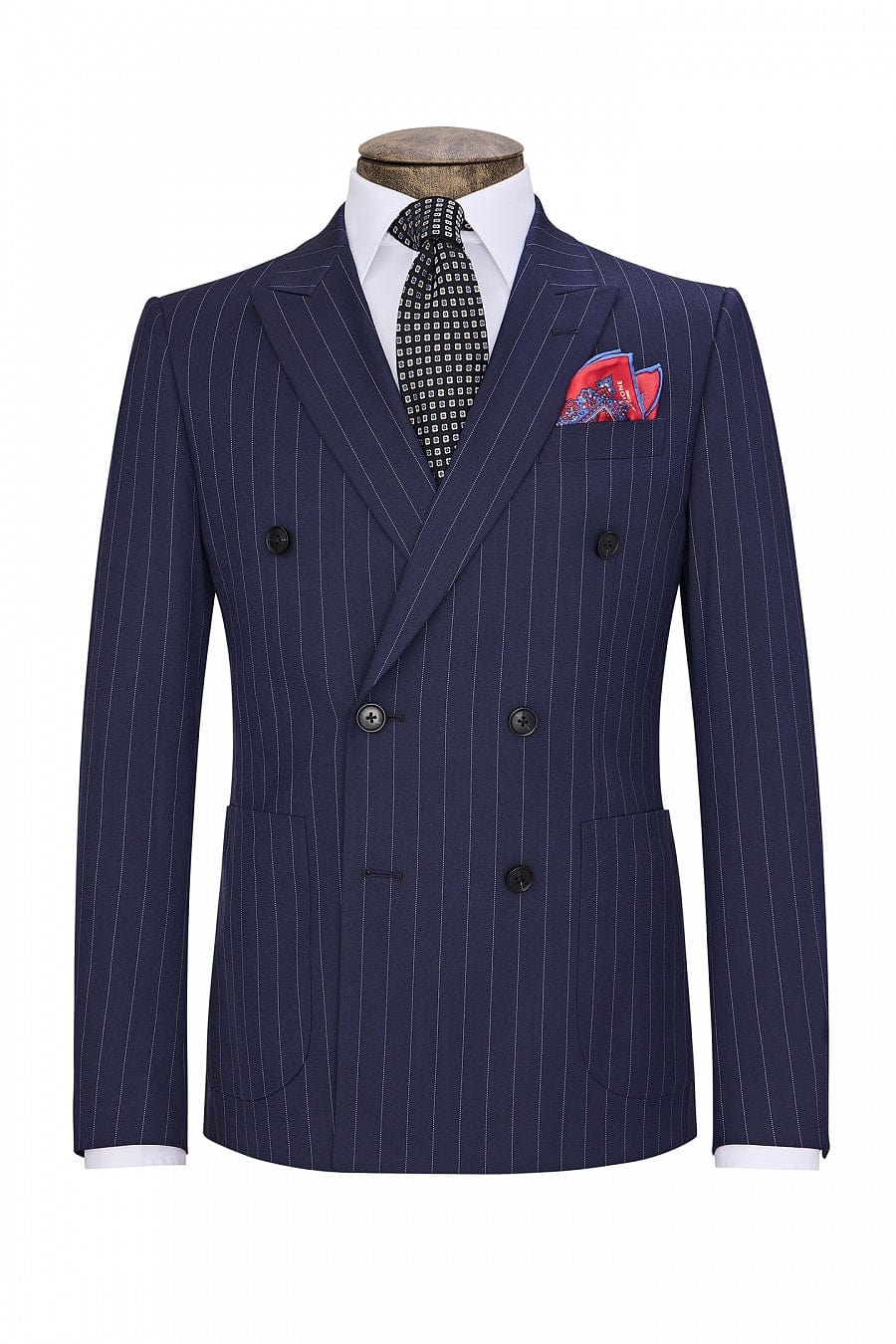 aesido Navy 2 Pece Business Double Breasted Notch Lapel Striped Men's Suit (Blazer+Pants)